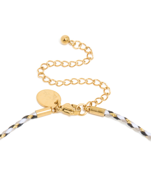 Waterproof Gold Plated Stainless Steel Hamsa Hand & Eye Charm Black Cord Necklace
