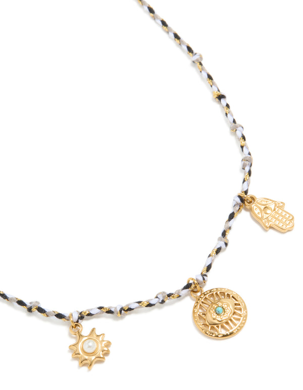 Waterproof Gold Plated Stainless Steel Hamsa Hand & Eye Charm Black Cord Necklace