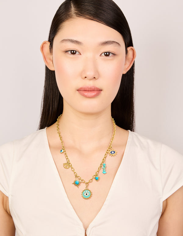 Waterproof Gold Plated Stainless Steel Evil Eye & Turquoise Semi Precious Stone Charm Necklace