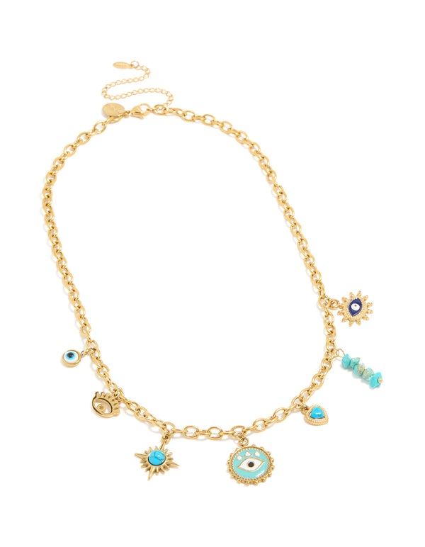 Waterproof Gold Plated Stainless Steel Evil Eye & Turquoise Semi Precious Stone Charm Necklace