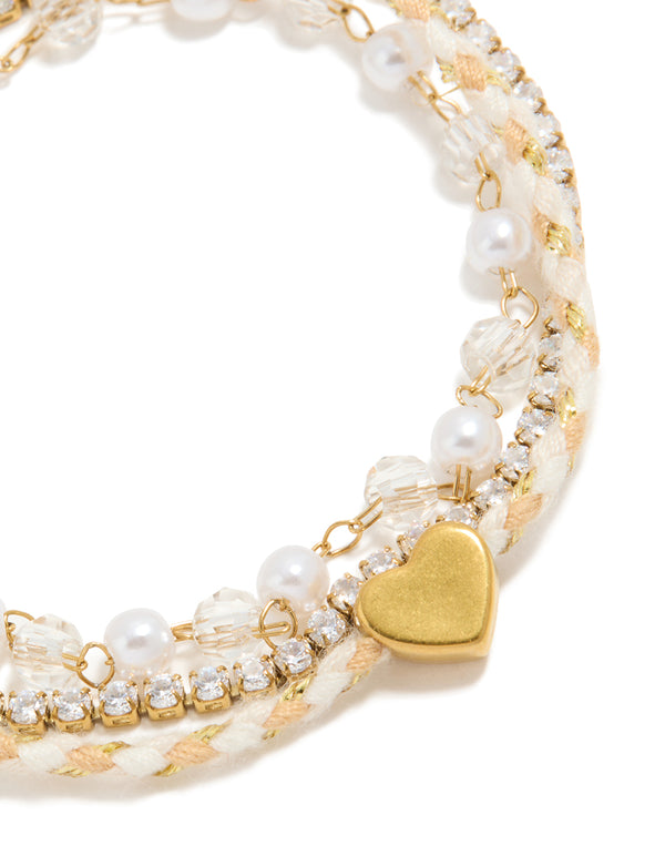 Waterproof Gold Plated Stainless Steel Pearl, Cord & Tennis Bracelets 3-Pack