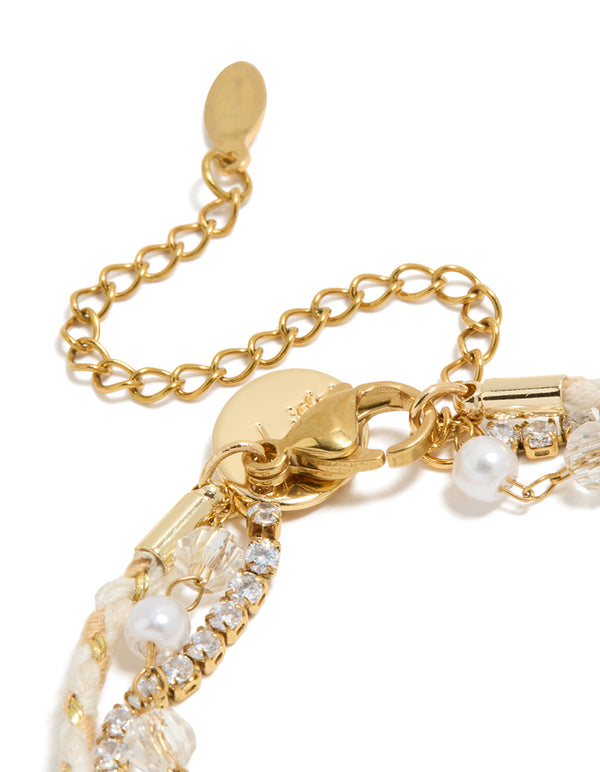Featuring waterproof gold plated stainless steel pearl, cord and tennis bracelet with beads, heart and pearl, cubic zirconia in dainty style closure detail view