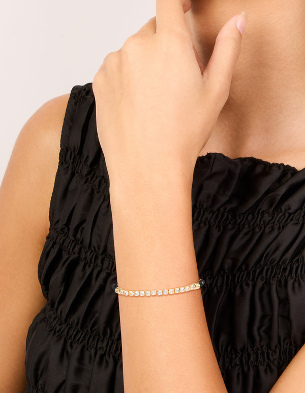 Waterproof Gold Plated Stainless Steel Half Tennis & Half Black Cord Bracelet