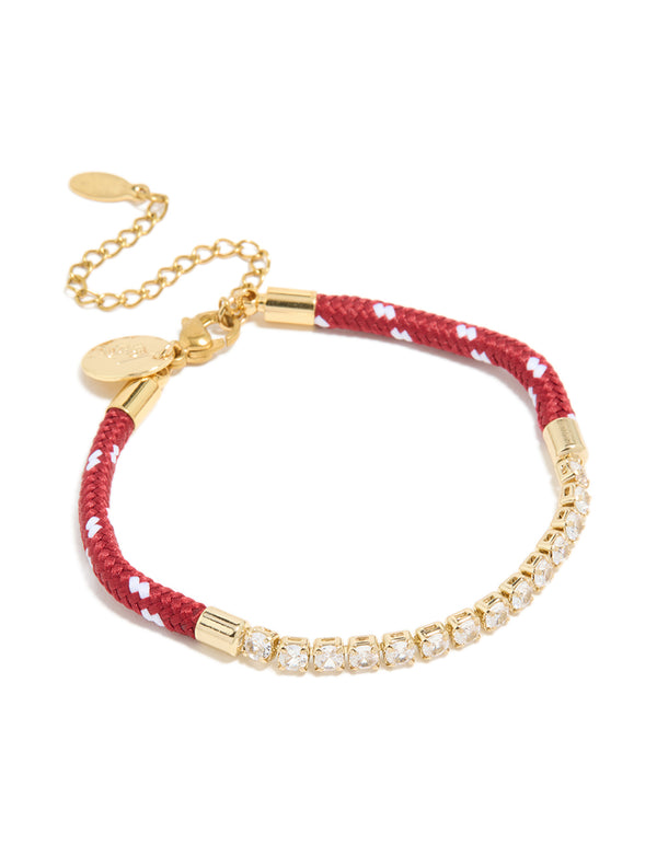 Waterproof Gold Plated Stainless Steel Half Tennis & Half Burgundy Cord Bracelet