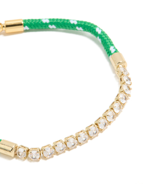 Waterproof Gold Plated Stainless Steel Half Tennis & Half Vibrant Green Cord Bracelet