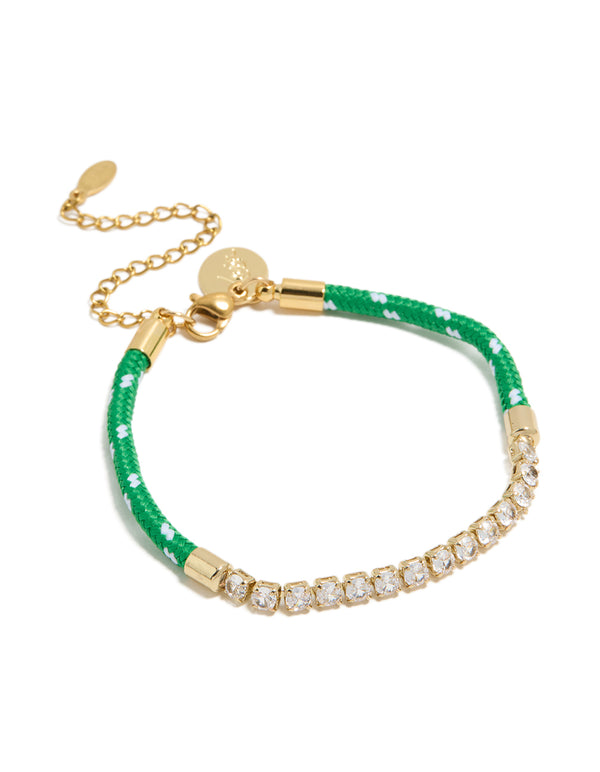 Showcasing a waterproof gold plated stainless steel half tennis and half vibrant green cord bracelet with white accents and statement style front view