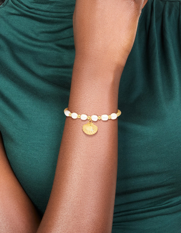 Waterproof Gold Plated Stainless Steel Freshwater Pearl & Shell Ball Bracelet
