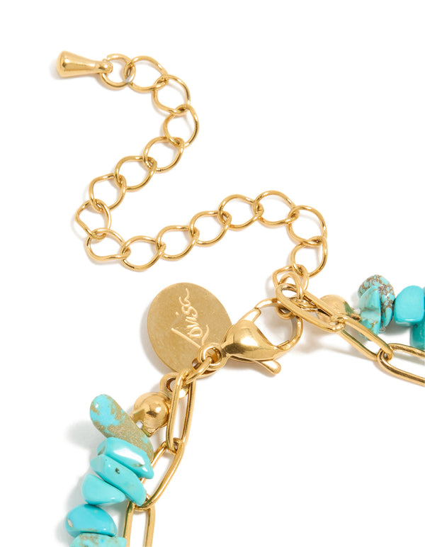 Designed with waterproof stainless steel, these bracelet feature turquoise chip beads, coin detailing and gold plated finish closure detail view