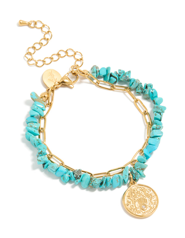 Waterproof Gold Plated Stainless Steel Coin & Turquoise Semi Precious Stone Chip Bracelets 2-Pack