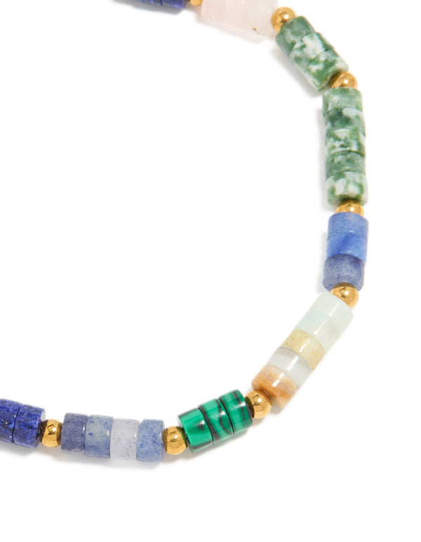 Detailed view of waterproof gold plated stainless steel beaded bracelet highlighting amazonite and rose quartz semi precious stones with round cut close up view