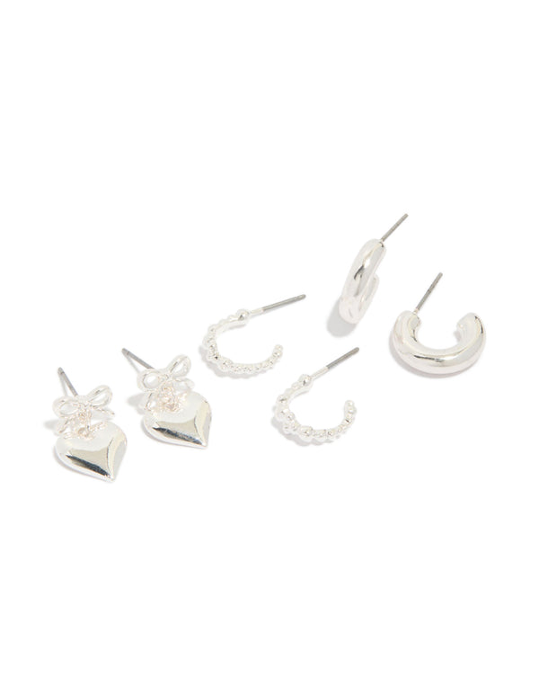 Shop this chunky silver bow heart bubble stud and hoop earrings 3-pack front view