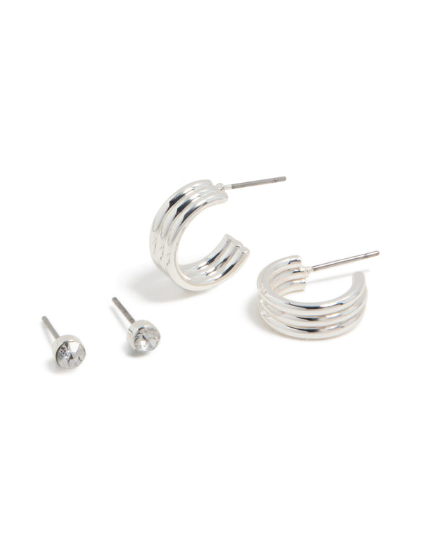 Featuring a 2-pack of silver lined hoop and diamante stud earrings front view