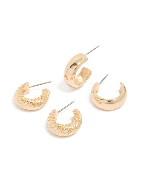 Showcasing gold plain and twisted hoop earrings in a 2-pack front view