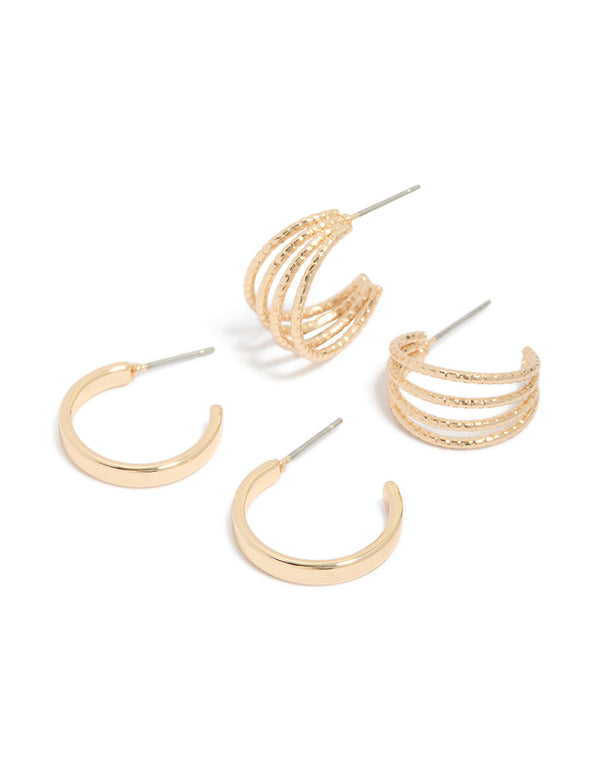 Showcasing gold plain and split open hoop earrings in a 2-pack front view
