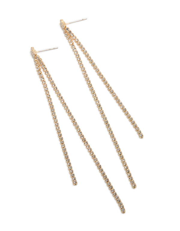 Showcasing gold diamante dangle drop earrings front view