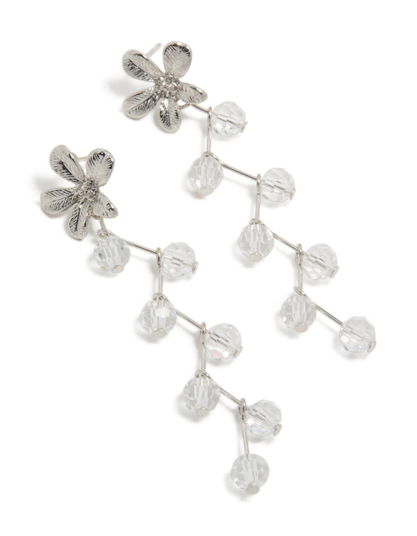 Elegant statement drop earrings with floral charm, beads accents in silver front view