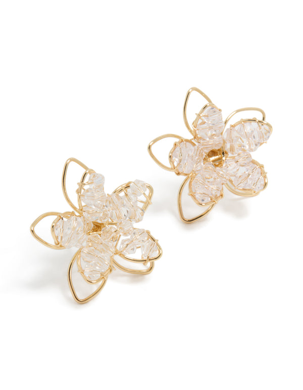 Featuring gold acrylic petal flower stud earrings with floral feature front view