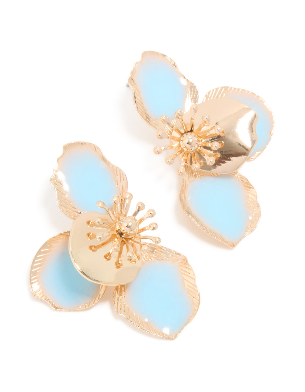 Showcasing gold and blue half flower stud earrings front view