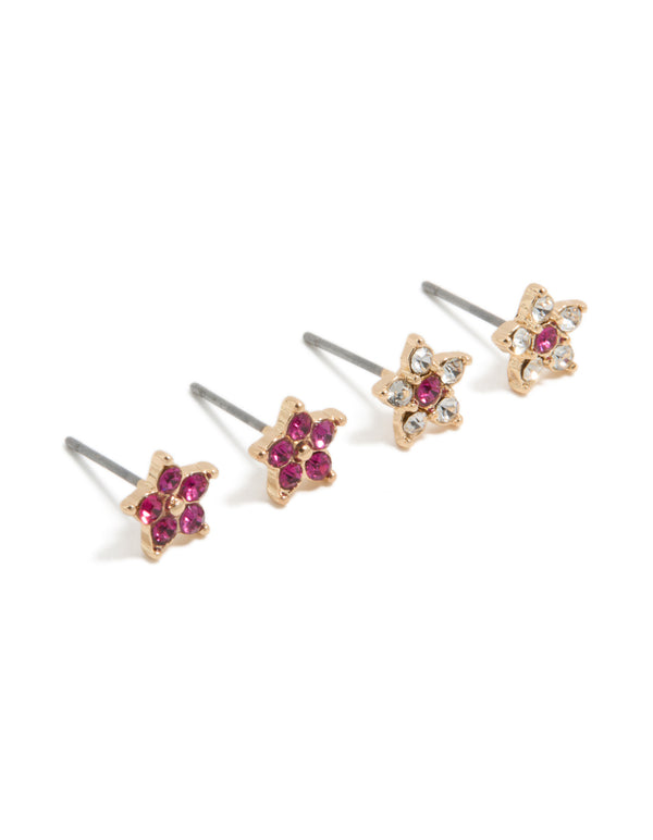 Featuring stud closure floral diamante earrings in a 2-pack with clear, pink, and gold details front view
