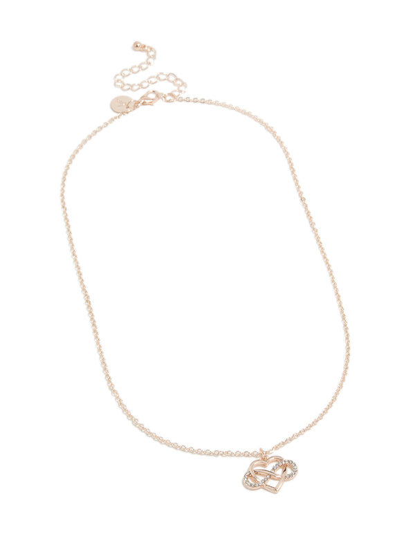 Elegant rose gold diamante open heart infinity necklace front view