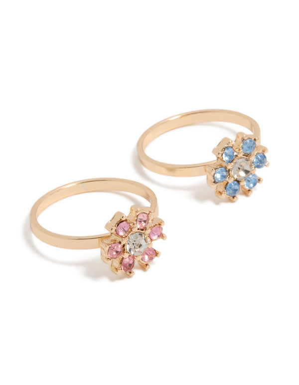 Statement floral diamante rings in gold with pink and blue stones, 2-pack front view