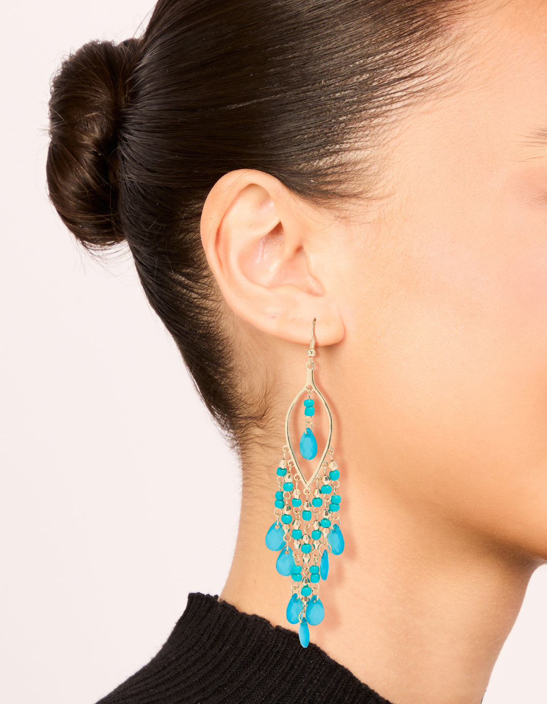 Gold Blue Beaded Oval Fish Hook Drop Earrings