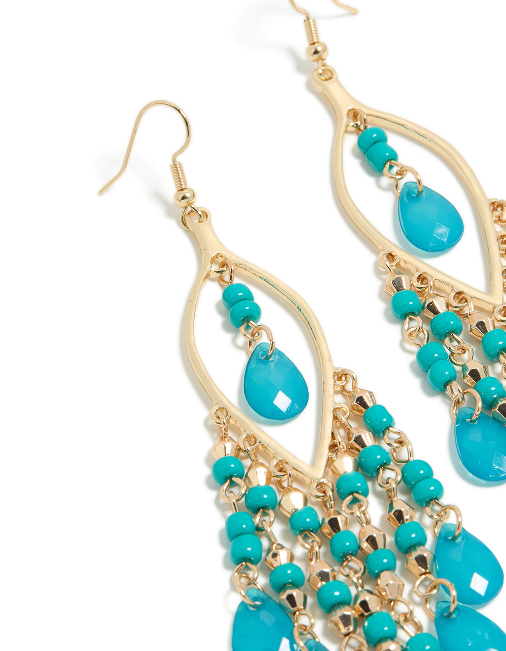 Elegant gold blue beaded oval fish hook drop earrings with charm and turquoise accents close up view