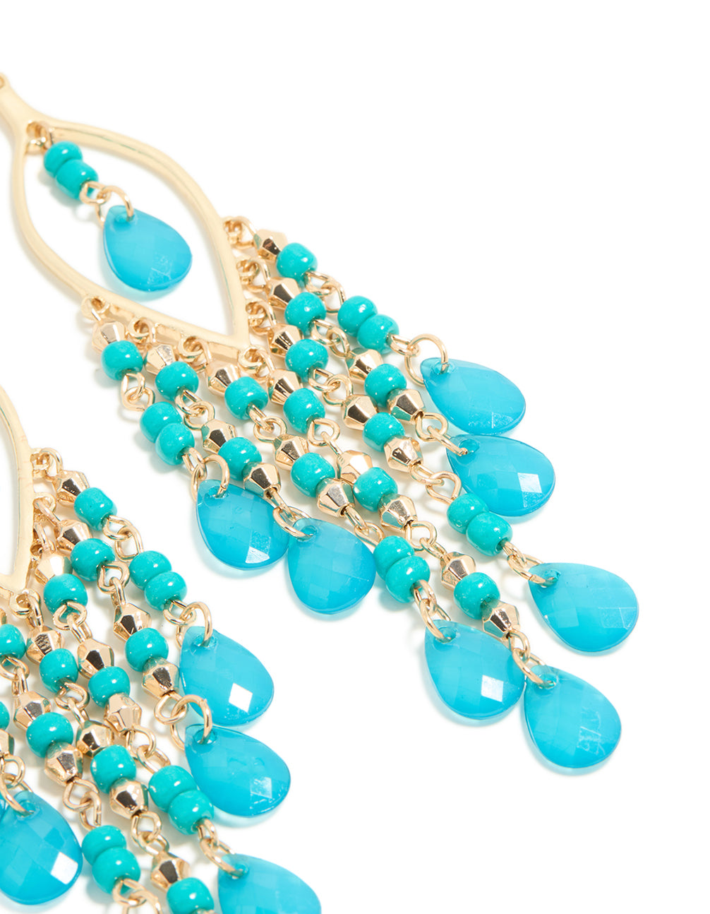 Beautifully crafted gold blue beaded oval drop earrings featuring turquoise charms and fish hook closure post detail view