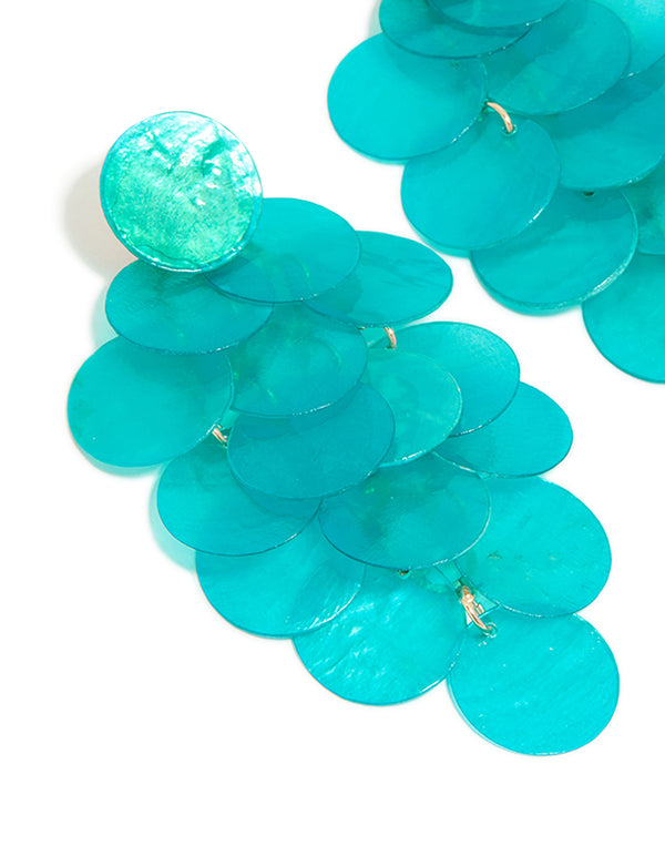 Aqua Blue Shell Effect Disc Drop Earrings