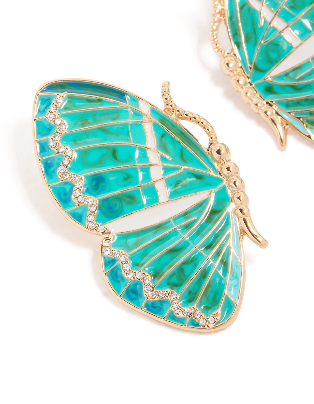 Discover dainty gold aqua enamel butterfly stud earrings featuring turquoise and clear stones close up view