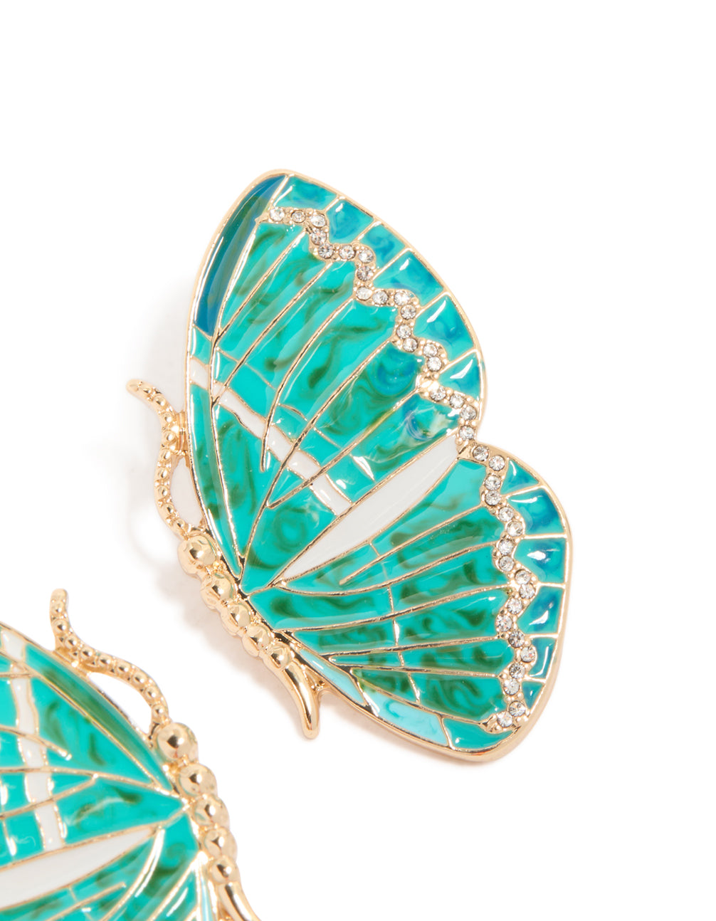 Highlighting dainty gold aqua enamel butterfly stud earrings featuring turquoise and clear stones post detail view