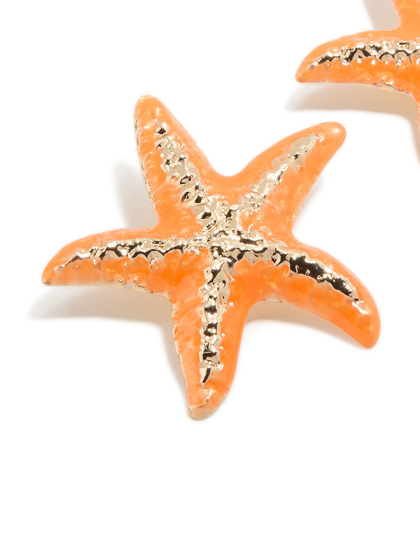 Orange Coated Metal Starfish Statement Stud Earrings