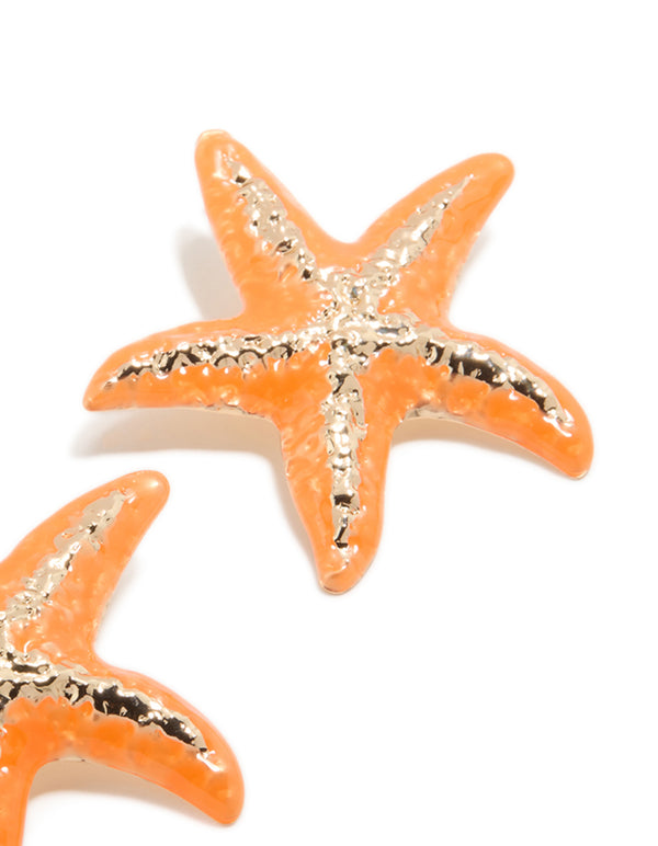 Orange Coated Metal Starfish Statement Stud Earrings