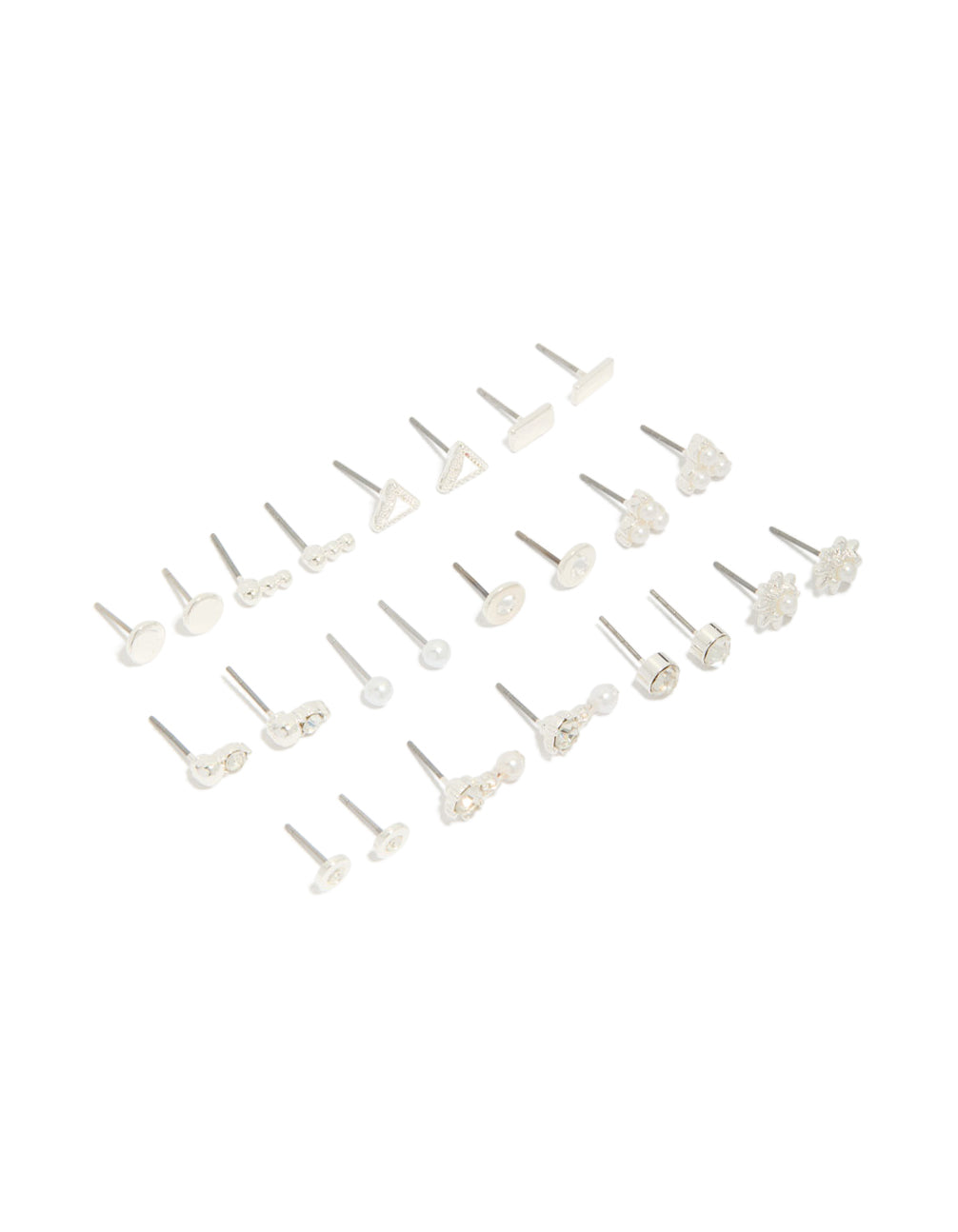 Showcasing a 12-pack of stud earrings featuring floral, triangle and pearl designs in silver and white front view