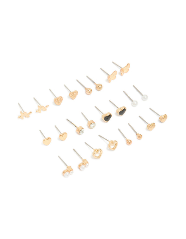 Discover this gold earrings 12-pack featuring pearl, butterfly, ball and heart stud closure in enamel front view