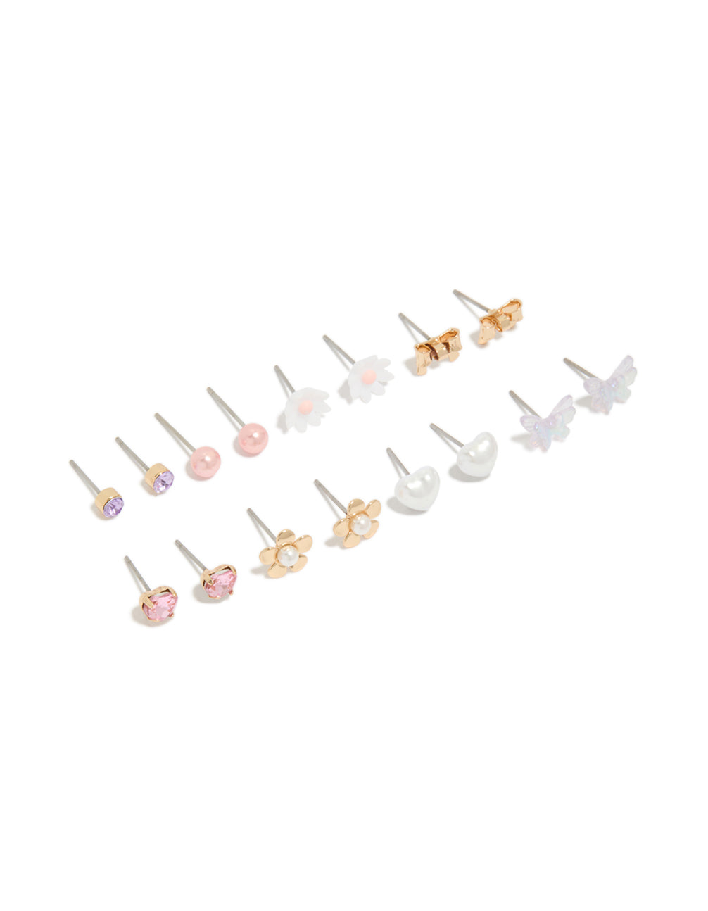 Discover this gold diamante earrings 8-pack featuring butterfly, bow, floral, heart and pearl stud closure in pink white lavender front view