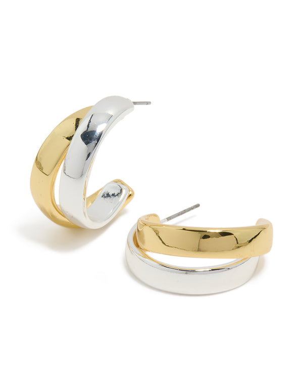 Crafted from mixed metal plated layered medium hoop earrings with gold and silver front view