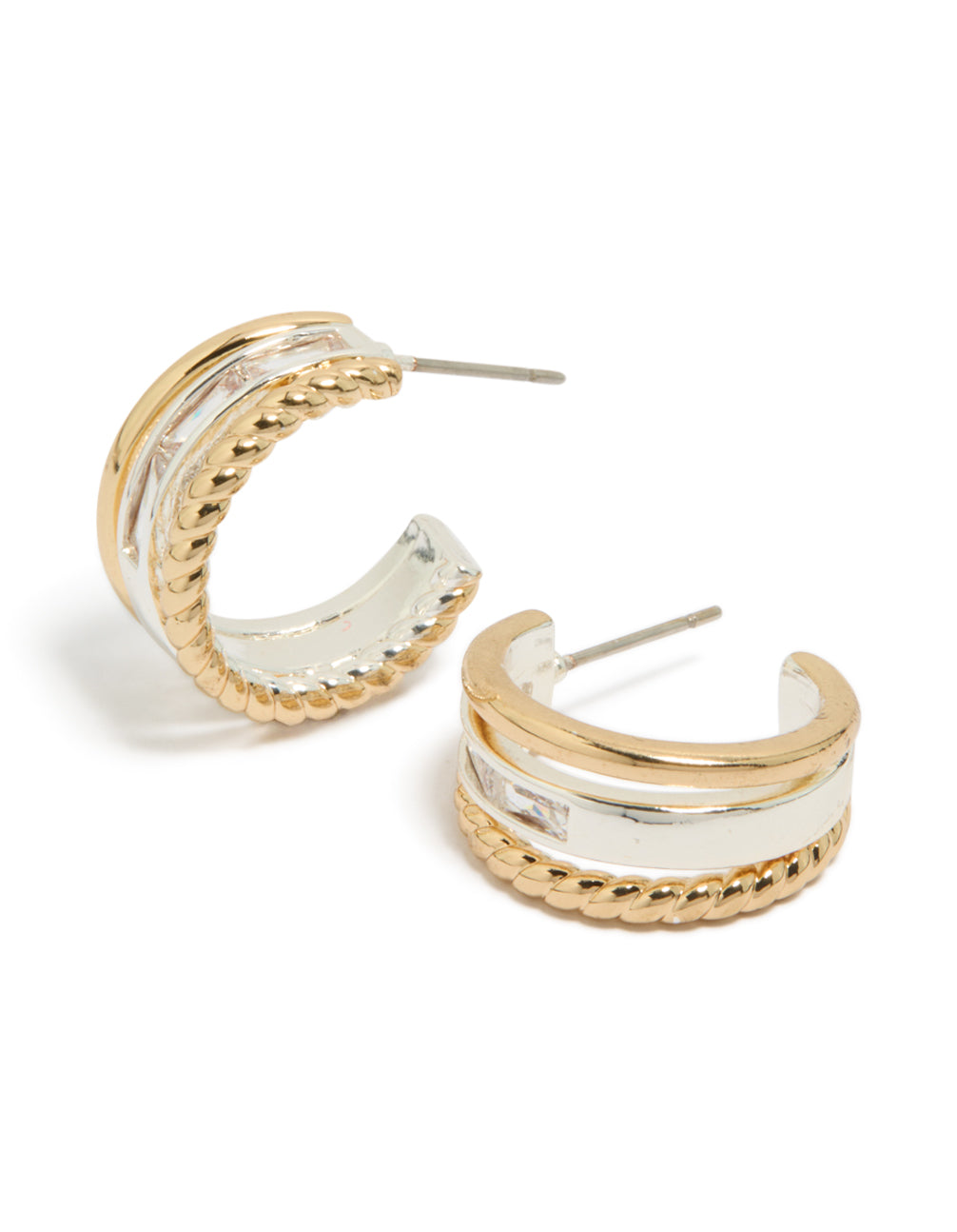 Showcasing mixed metal plated diamante triple layered small hoop earrings with gold and silver tones front view