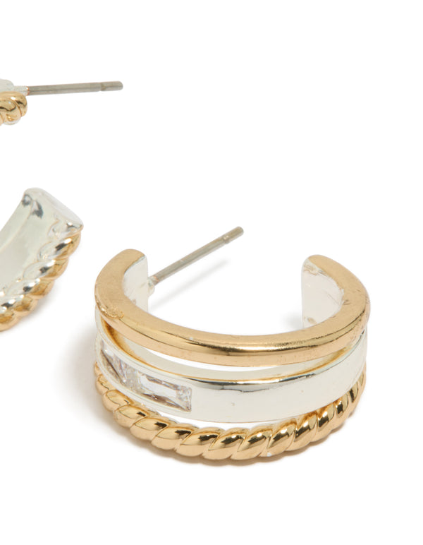 Stylish mixed metal triple layered small hoop earrings with gold plated and silver materials post detail view