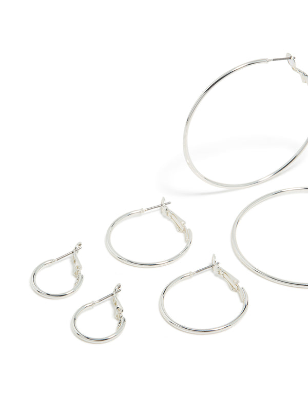 Featuring silver plated fine thin hoop earrings in a 4-pack with hoop closure close up view