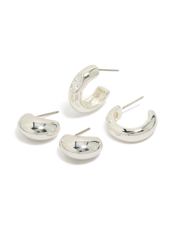 Silver Plated Cubic Zirconia Bezel & Chubby Open Hoop Earrings 2-Pack