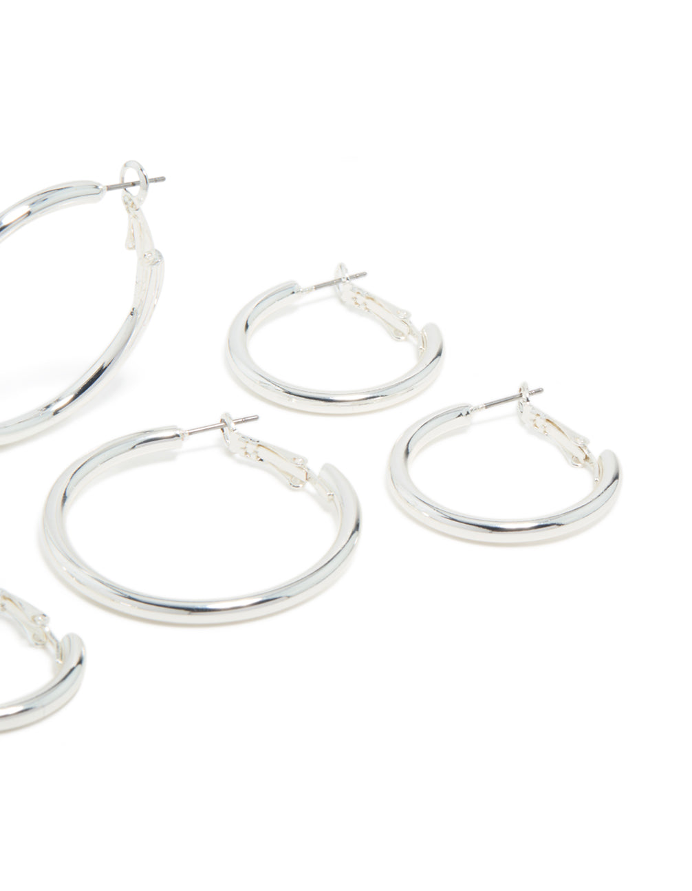 Explore silver plated thick hoop earrings in a statement and chunky 3-pack post detail view