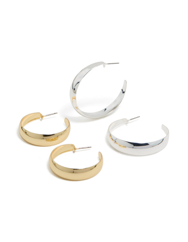 Discover mixed metal plated thick and skinny hoop earrings in a 2-pack featuring gold and silver tones with chunky styling hoop closure front view