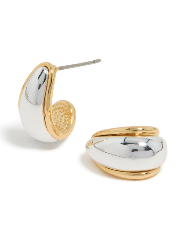 Showcasing small teardrop drop earrings in mixed metal with gold plated and silver plated finishes front view