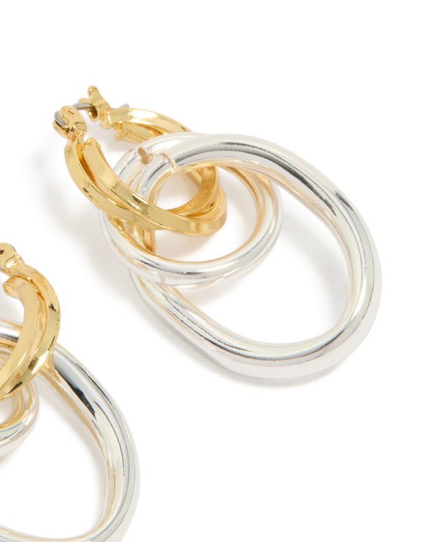 Beautifully crafted mixed metal plated double link illusion hoop earrings in gold and silver with statement style post detail view
