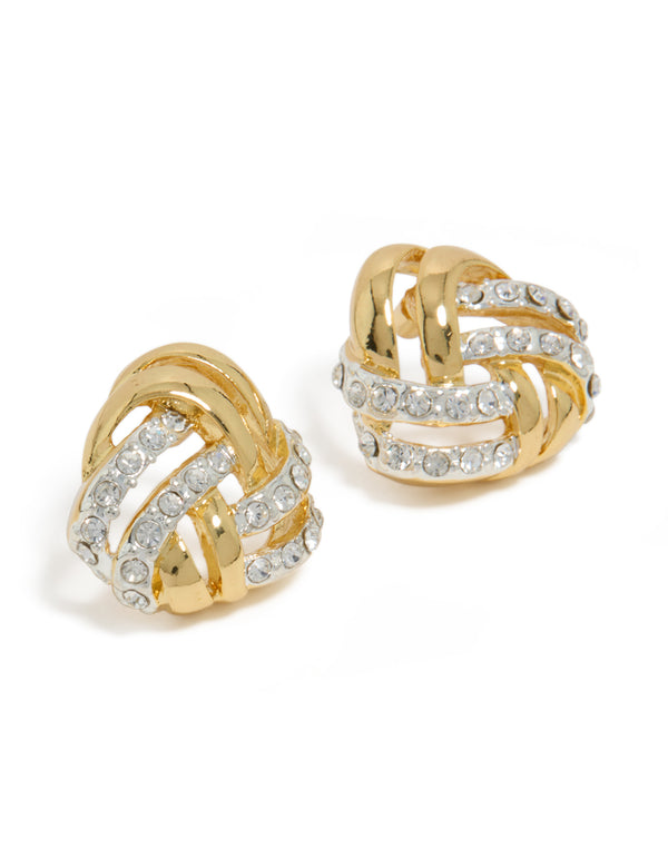 Showcasing mixed metal plated diamante knot stud earrings in gold, silver and clear stone front view