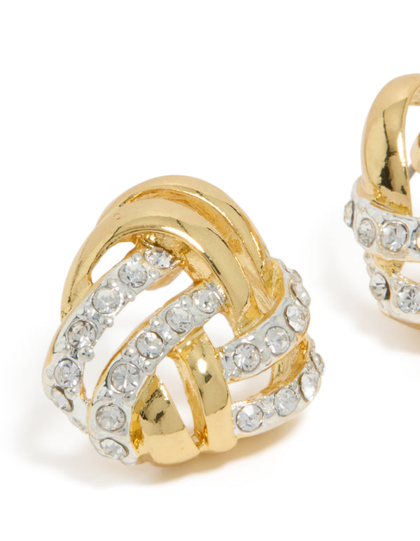 Featuring mixed metal plated diamante knot stud earrings in gold, silver and clear stone close up view