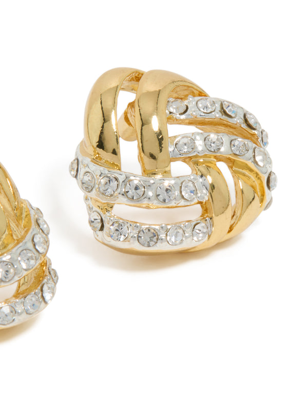 Crafted from mixed metal plated diamante knot stud earrings in gold, silver and clear stone post detail view