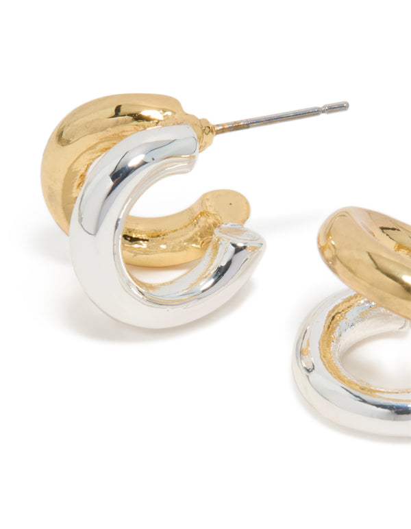 Detailed view of mixed metal plated double hoop earrings in gold and silver with hoop closure close up view