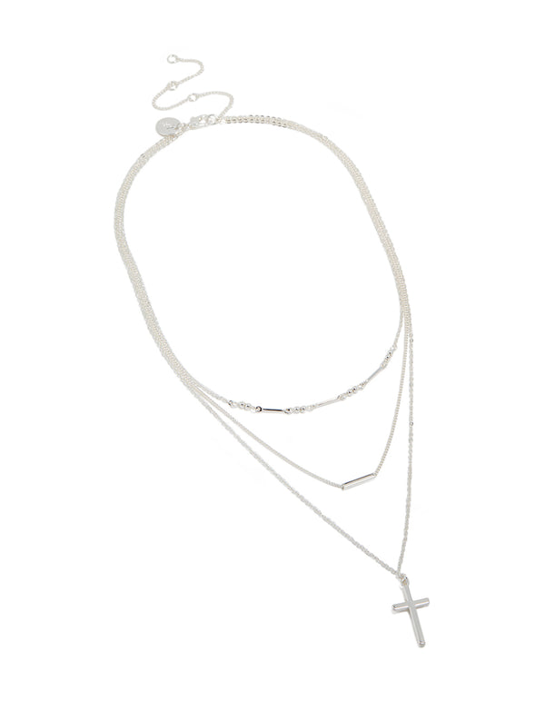 Beautifully crafted silver plated bar and cross layered necklace with balls, beads in dainty styling front view